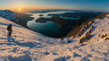 Vibrant sunset reflecting on a quiet lake.