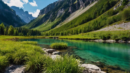 Panoramic view of a serene alpine lake surrounded by lush green hills and majestic mountains.