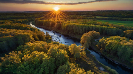 Vibrant sunset casting orange glow over a serene river flowing through a lush forest.