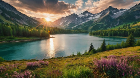 Mountain reflection on still lake at golden hour.の写真素材