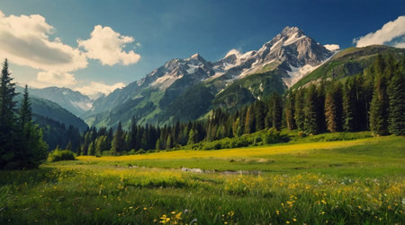 Peaceful meadow filled with blooming spring flowers.の写真素材