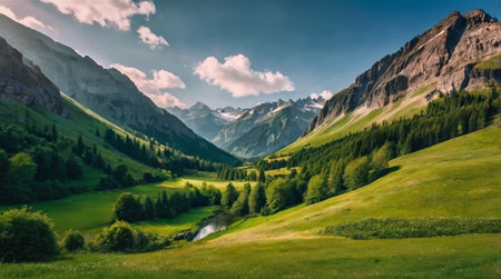 Morning dew on green grass under soft golden sunlight.の写真素材