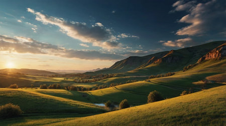 Mist rolling over green hills during early morning.の写真素材