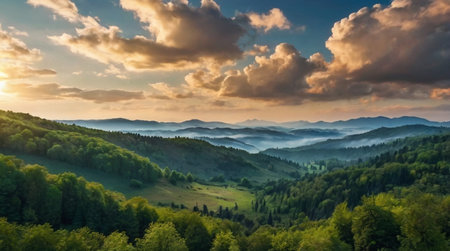 A panoramic view of mountain ranges during sunset.