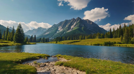 Blue hour light over calm lake surface.の写真素材