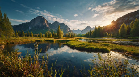 Gentle river flowing through countryside meadow.の写真素材