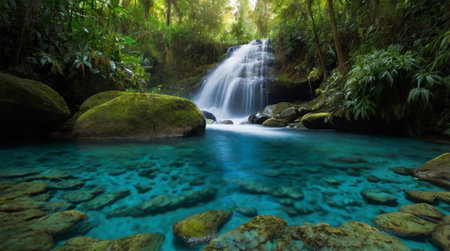 Soft golden sunrise over a calm countryside landscape.の写真素材