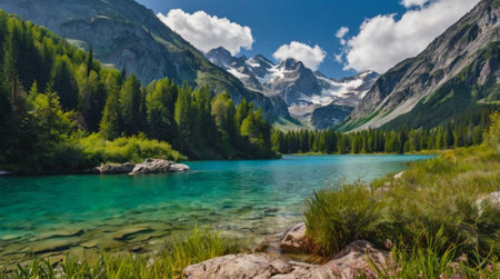 Peaceful countryside farm surrounded by green fields.の写真素材