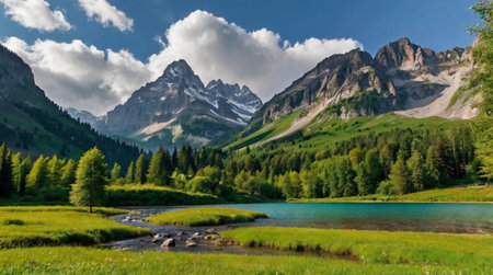 Mountains with a serene lake and lush greenery.