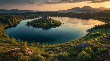 Calm lake at dusk with soft pink sky.の写真素材