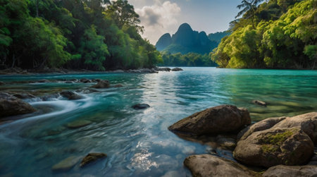 Peaceful forest clearing bathed in warm sunlight.の写真素材