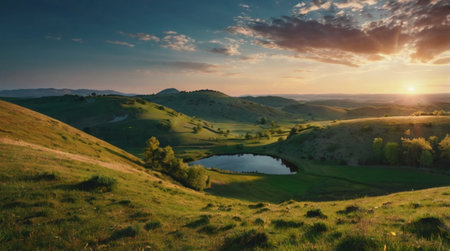 A serene landscape featuring rolling hills, a tranquil pond, and vibrant greenery under a setting...