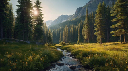 Misty forest at dawn with sunlight filtering through trees.の写真素材