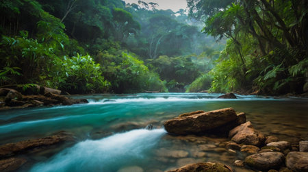 A hidden jungle waterfall surrounded by lush green plants.の写真素材