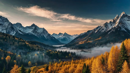 A breathtaking sunrise over misty mountain peaks with golden light touching the valley below.の写真素材