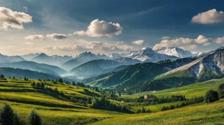 Mountainous landscape with lush greenery under a dramatic cloudy sky.の写真素材