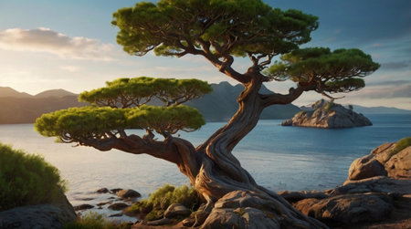 Tropical sunset sky with palm tree silhouettes.の写真素材