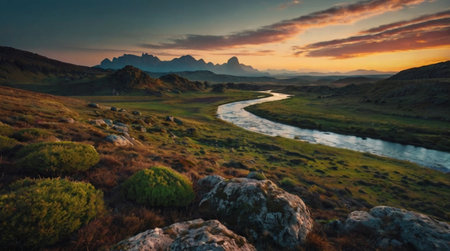 Peaceful meadow filled with blooming spring flowers.の写真素材