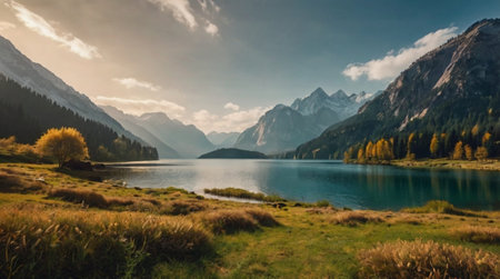 Serene river flowing through dense pine forest.の写真素材