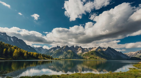 Quiet mountain lake during soft evening light.の写真素材