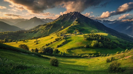 Scenic countryside sunrise with light morning mist.の写真素材