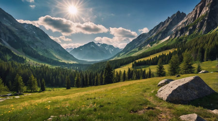 Wildflower meadow under soft pastel sunrise sky.の写真素材