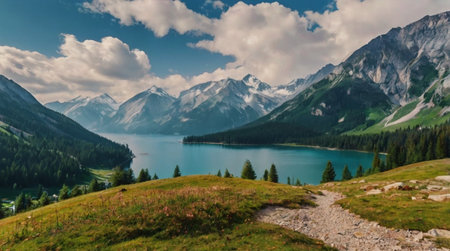Frozen lake surrounded by snowy forest trees.の写真素材