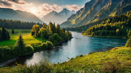 Forest covered in thick morning mist.の写真素材