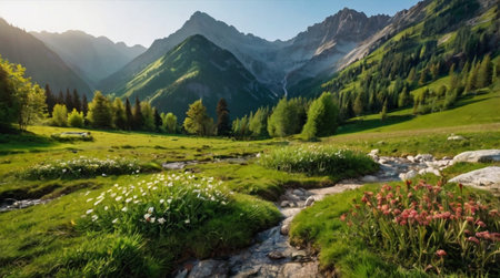 Scenic valley view from a high mountain viewpoint.の写真素材