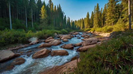 River flowing through a forest with rocks and sunlight.
