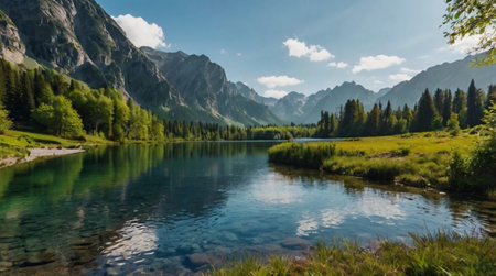 Crystal clear alpine lake under bright sunlight.