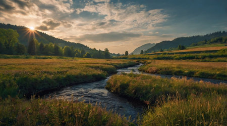 Serene river flowing through green valley.