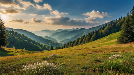 Green hills and mountains under a clear blue sky.