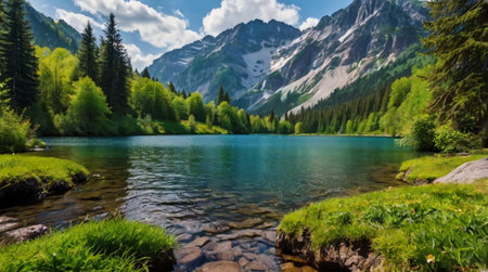 Mountain reflection on a crystal clear alpine lake.