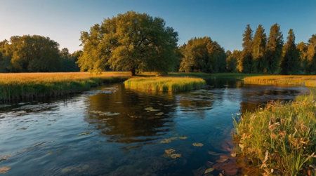 Golden sunrise illuminating a quiet valley covered in morning mist.の写真素材