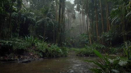 Dense rainforest with a flowing river and lush greenery.