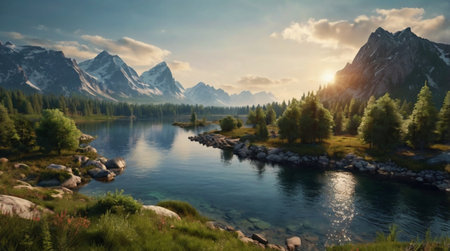 Mountain landscape with a serene lake and lush greenery at sunset.の写真素材