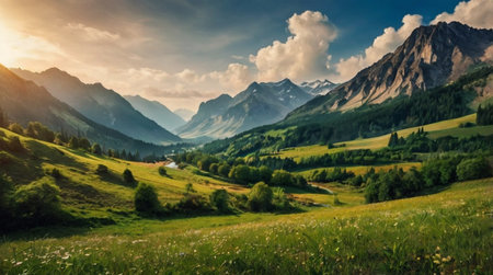 Wide panoramic landscape of mountains under clear daylight.の写真素材