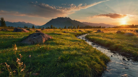 Spring meadow with a small stream flowing through it.の写真素材