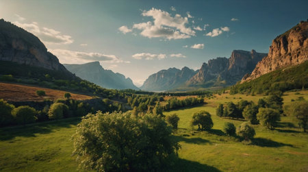 Wide panoramic mountain landscape glowing in daylight.の写真素材