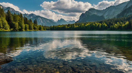 A panoramic view of a serene lake surrounded by lush greenery and mountain ranges during sunset.
