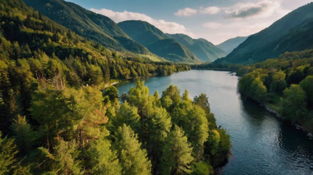 Calm river flowing through a dense green forest.の写真素材