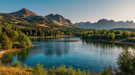 Tropical island shoreline during sunrise glow.の写真素材