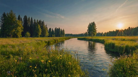 Vast savanna landscape under golden sunset light.の写真素材