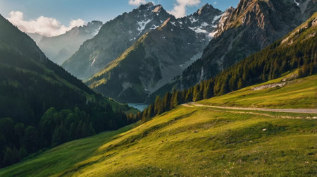 Gentle river flowing through rocky mountain valley.の写真素材