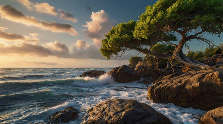 Blue hour sky reflecting on still water surface.の写真素材