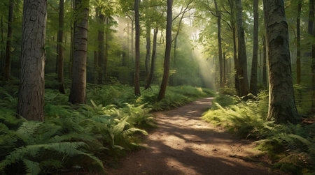 Peaceful forest illuminated by golden sun rays.