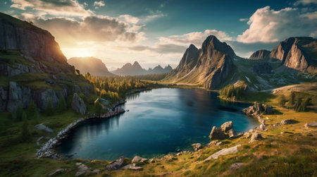 A majestic waterfall flowing into a serene emerald pool surrounded by rocks.の写真素材