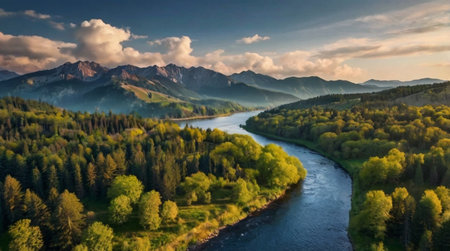 Peaceful riverbank under a bright summer sky.の写真素材