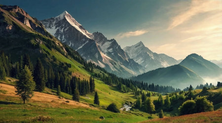 Mountain sunrise with golden rays.の写真素材